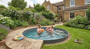 Family enjoying a small round pool set up on a lawn in a private garden.