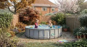 Young children splashing safely in a shallow round frame garden pool.