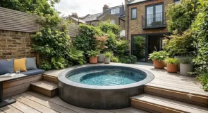 Modern circular plunge pool fitting perfectly into a small urban garden space.