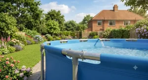 Close-up view showing the sturdy steel frame construction of a round swimming pool.