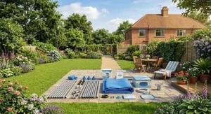 Components of an easy-to-assemble round frame pool kit laid out on a patio.