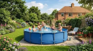 A family playing together in a large round frame swimming pool during the school summer holidays.