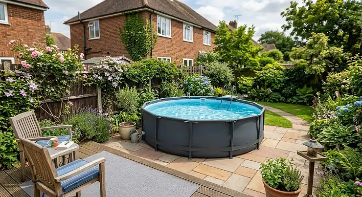 Compact round above-ground pool installed on a small patio in a British garden.