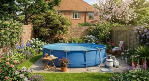 A compact round frame pool perfect for cooling off in a smaller urban garden space.