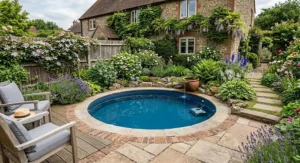 A small round swimming pool integrated into a beautifully landscaped British garden.