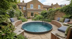 Space-saving circular pool design ideal for restricted outdoor garden areas.