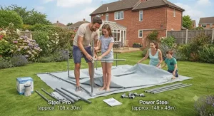 A family assembling a Bestway Steel Pro pool on a lawn for summer use.