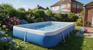A deep rectangular family paddling pool filled with water in a back garden, ready for summer splashing