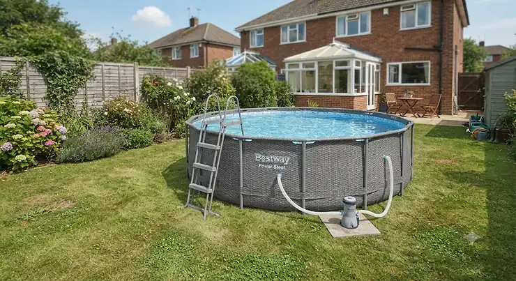 A Bestway Power Steel pool fully set up in a typical British back garden with a green lawn.