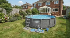 The safety ladder and maintenance accessories positioned neatly beside a filled Best Power Steel pool.