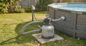 Close-up of the filtration system and pump connected to a Best Power Steel pool.