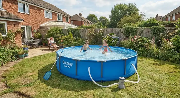 A Best Steel Pro pool set up in a typical residential British garden on a sunny summer day