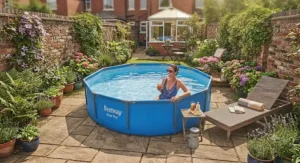 A relaxing lifestyle scene featuring a Best Steel Pro pool on a patio area