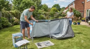 Easy assembly process for the Bestway Power Steel 14ft pool with pump on a lawn
