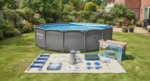 Complete Bestway Power Steel 14ft pool kit including pump, ladder, and accessories