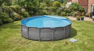 Spacious circular dimensions of the Bestway Power Steel 14ft pool set up outdoors