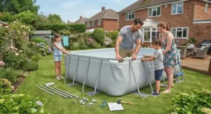 Family setting up a Bestway Power Steel frame pool on a lawn