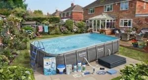 Complete maintenance kit and accessories laid out next to a Bestway Power Steel pool
