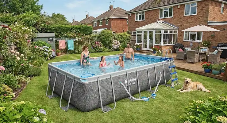 Bestway Power Steel pool fully assembled and filled in a British back garden during summer