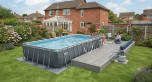 A large Bestway Power Steel rectangular pool installed in a UK garden setting.