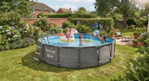 Children playing with inflatables in a Bestway Steel Pro MAX garden pool.