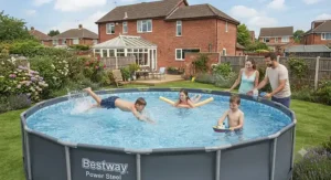 Children playing in a Bestway pool, helping to decide between Steel Pro and Power Steel for the garden.
