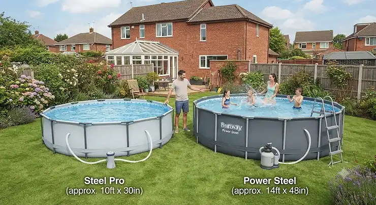 A size comparison between a Bestway Steel Pro and a Power Steel frame pool set up in a typical British back garden. Bestway Steel Pro vs Power Steel