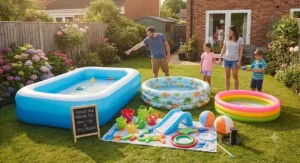Selection of different outdoor water toys and paddling pools displayed to help choose between a family pool and a kiddie pool.