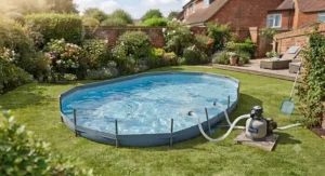 Crystal clear water inside an oval swimming pool after running the electric filter pump.