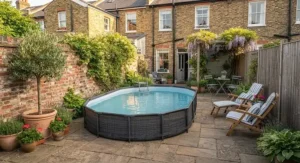 A compact oval above ground pool perfect for a small patio or courtyard setting.