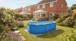 An oval frame pool designed for easy assembly and efficient use of space in smaller British gardens.