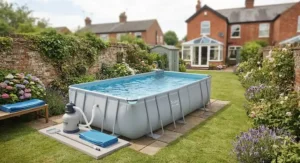 A compact rectangular above ground pool with a pump ideal for smaller UK gardens
