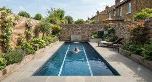 A space-efficient, compact rectangular pool for lap swimming designed for a small British garden.