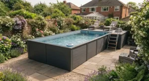 A deep, spacious rectangular above ground pool designed for adult relaxation.