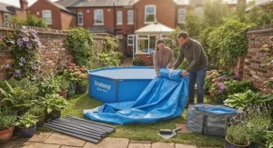 Packing away a Best Steel Pro pool safely at the end of the British summer season