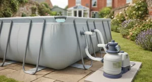 The sturdy exterior frame and pump system of a high-quality rectangular above ground pool