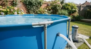 Close-up view of the sturdy construction of a round frame pool with filter pump, designed for long-lasting summer fun.