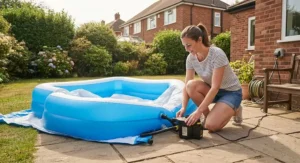 An adult using a quick-inflation pump to blow up a blue and white family paddling pool on the patio