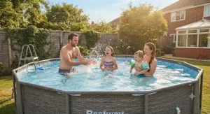 A British family splashing and having fun together in their Best Power Steel pool on a warm summer afternoon.