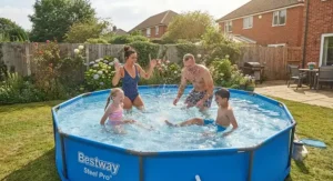 A family playing in a Best Steel Pro pool during a warm weekend in the UK
