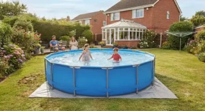 Children playing in an oval frame pool, emphasizing the convenience and easy assembly for home gardens.