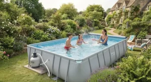 A family playing in a rectangular above ground swimming pool with the pump running