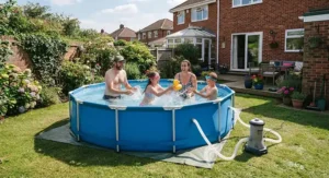 A family playing in a round frame pool with filter pump, demonstrating the ideal garden pool size for UK homes.