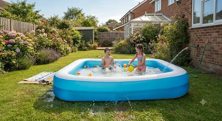 A large family paddling pool set up on a green garden lawn on a sunny summer day in the UK