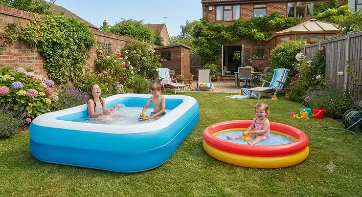 Comparison of a large family paddling pool and a smaller kiddie pool set up in a British back garden during summer. family paddling pool vs kiddie pool