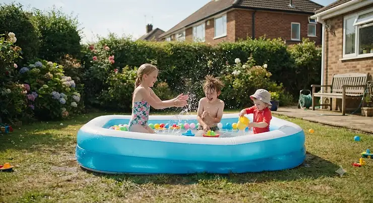 Children playing happily in a large inflatable family paddling pool set up on a British lawn during a sunny summer day