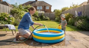 Parent filling up a colourful toddler paddling pool with a garden hose on the patio.