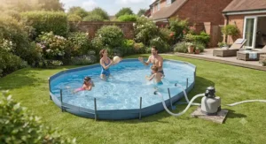 A family enjoying an oval swimming pool in a back garden with a functional pump filter maintaining water clarity.