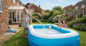 Using a garden hose to fill a large family paddling pool with refreshing water for the kids