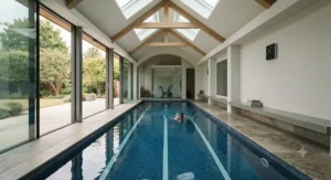 A sleek indoor rectangular pool for lap swimming installed within a bright home extension.